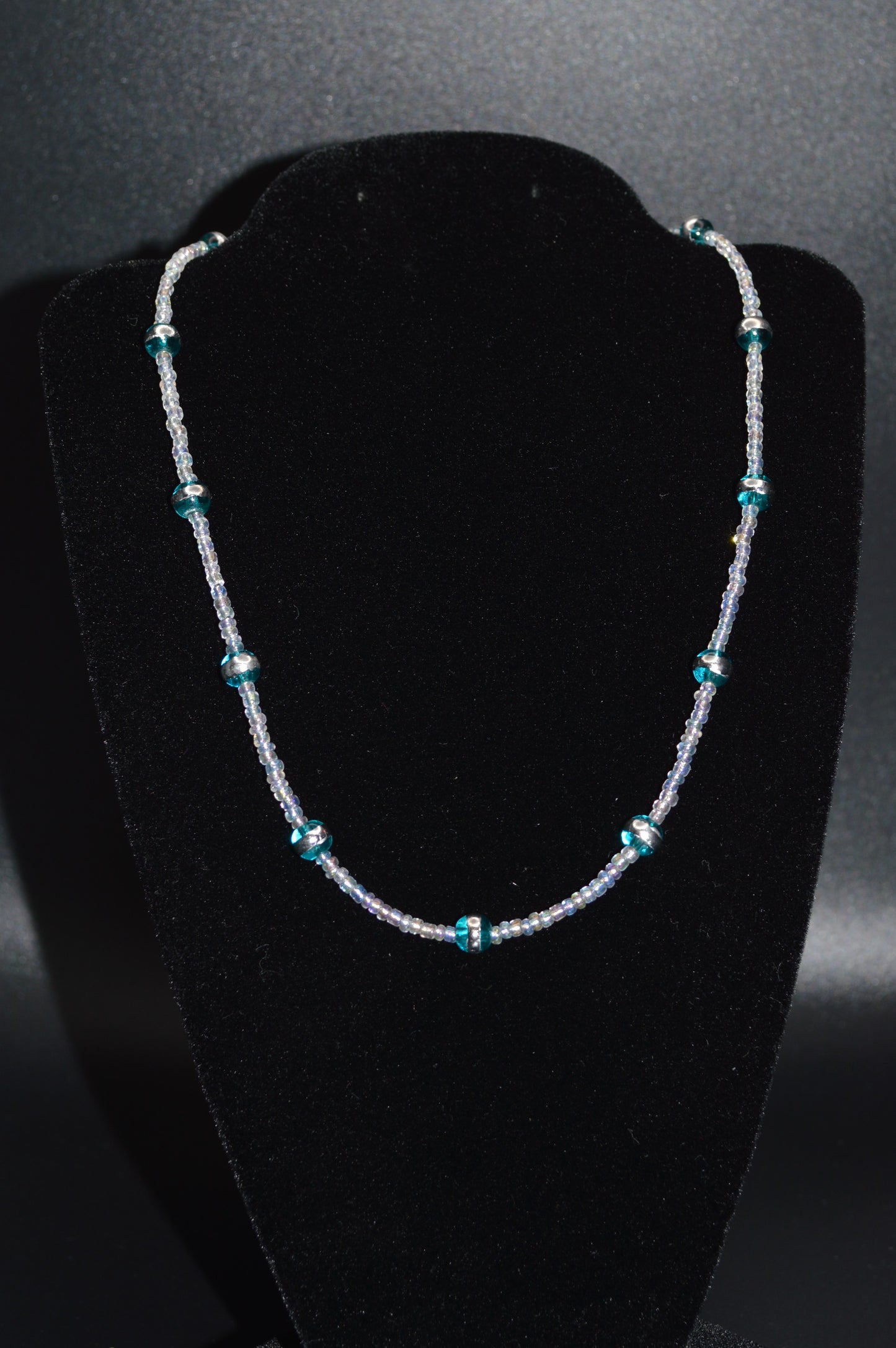 Aqua Silver Striped Glass Beads with Clear Seed Beads Necklace