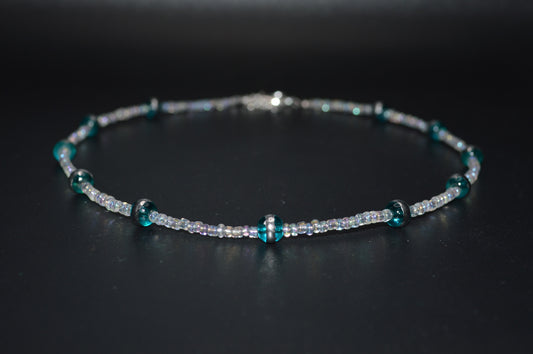 Aqua Silver Striped Glass Beads with Clear Seed Beads Necklace