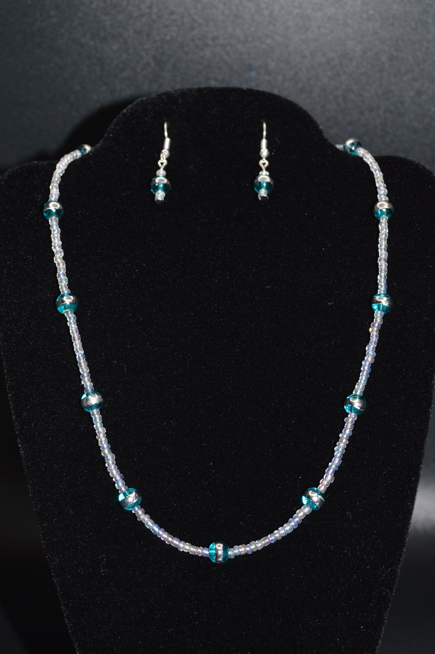 Aqua Silver Striped Glass Beads with Clear Seed Beads Necklace