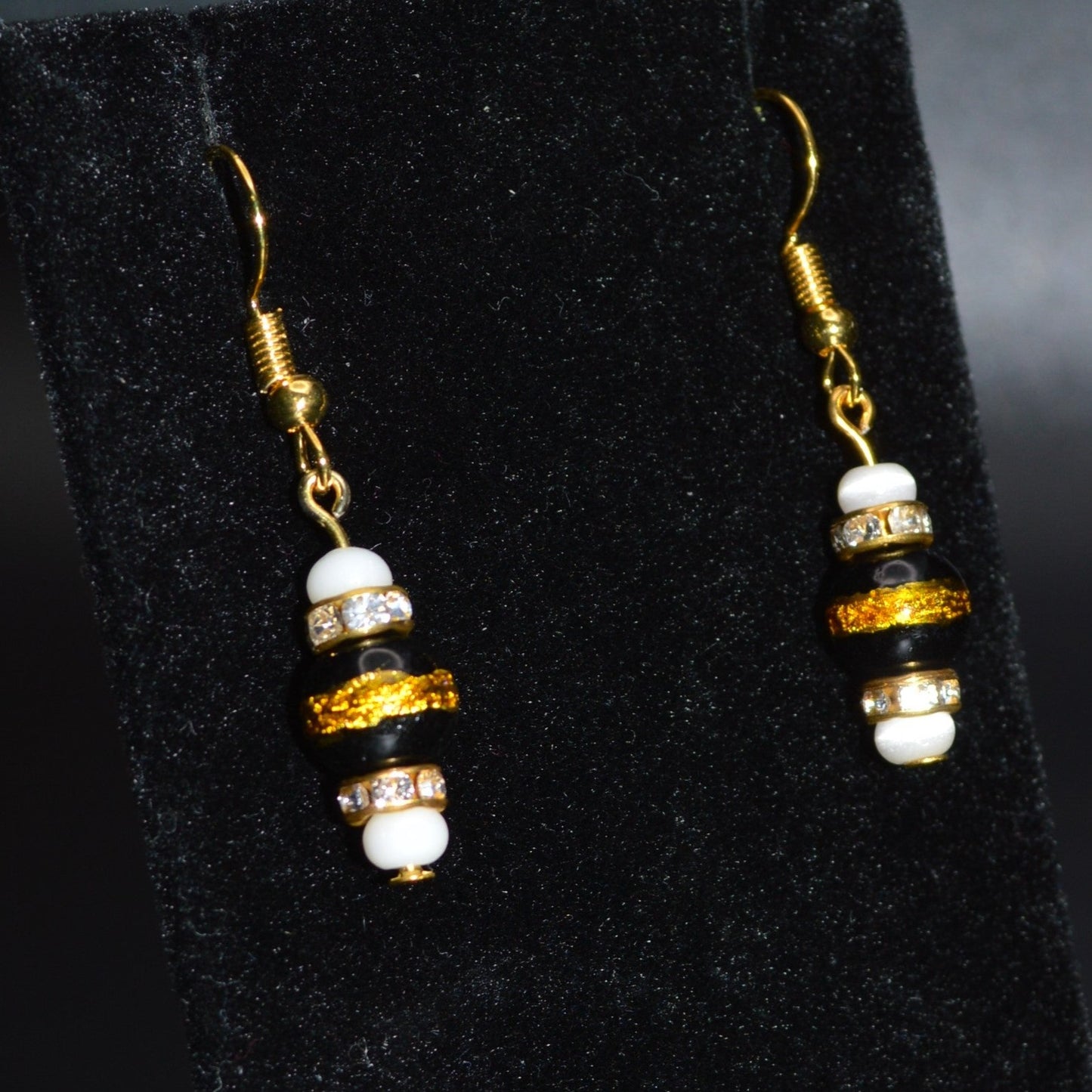 Black with a Gold Stripe, Cat's Eye Glass and Crystal Earrings