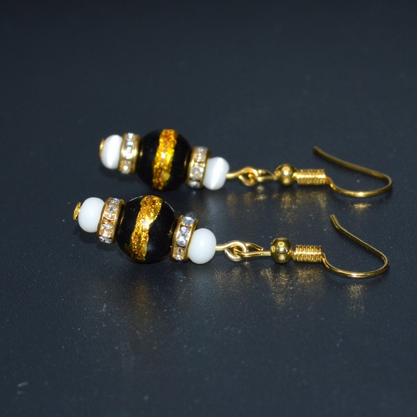 Black with a Gold Stripe, Cat's Eye Glass and Crystal Earrings