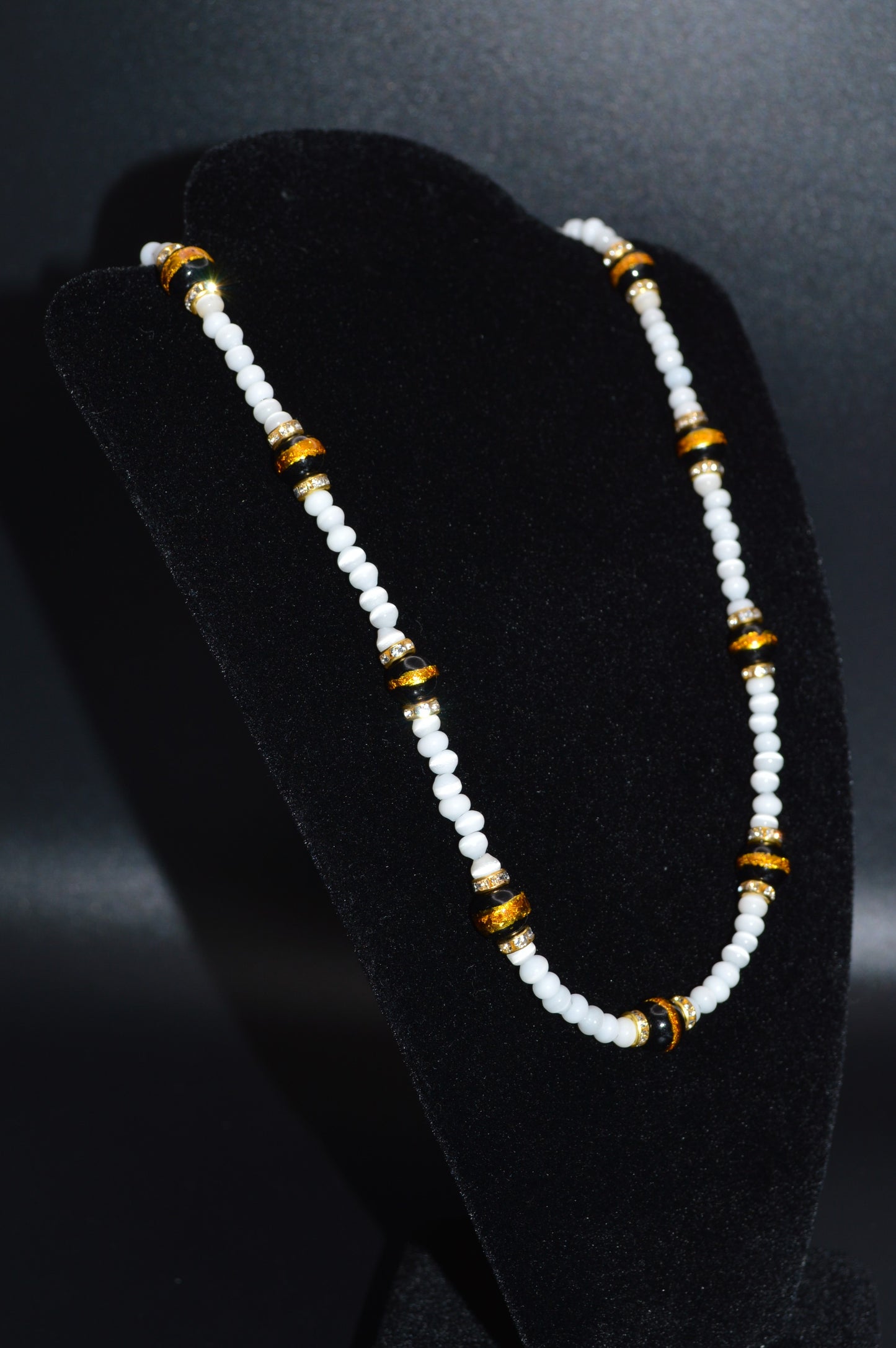Black Gold Striped Glass Beads with Cat's Eye Glass Beads and Crystals Necklace
