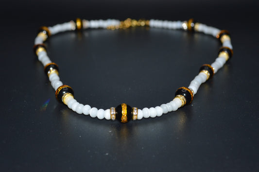 Black Gold Striped Glass Beads with Cat's Eye Glass Beads and Crystals Necklace