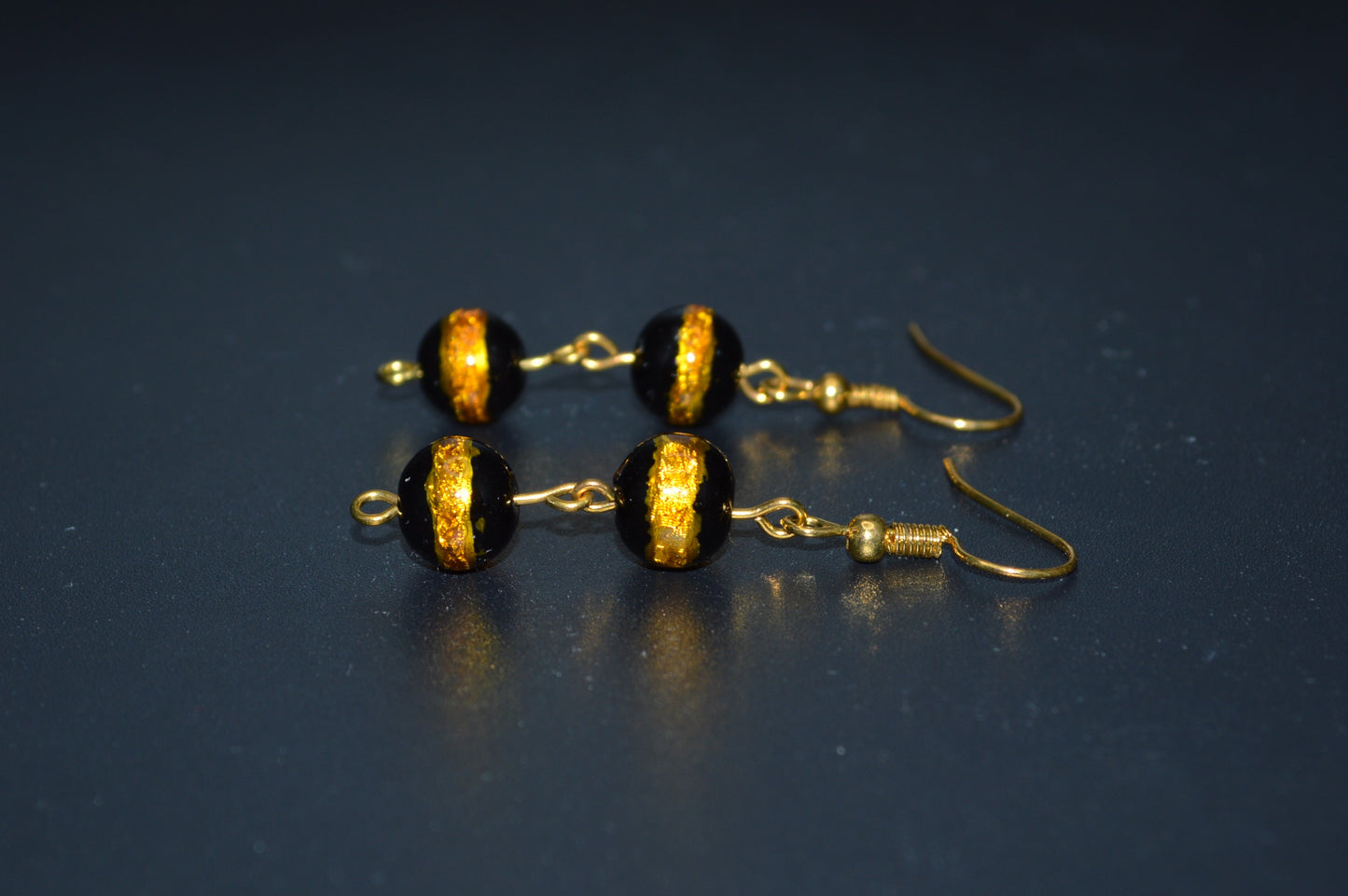 Black with a Gold Stripe Earrings (Double Bead)