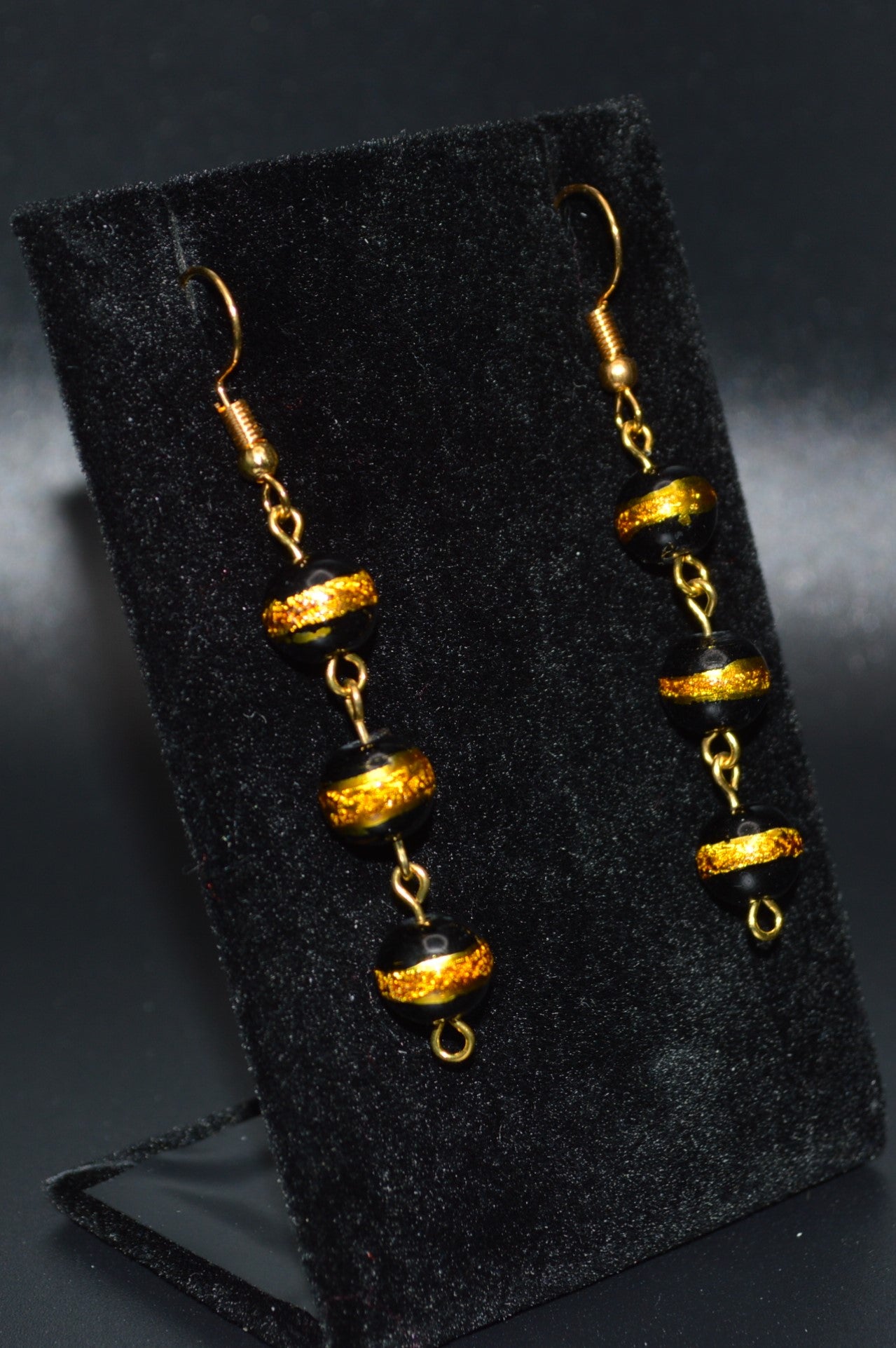 Black with a Gold Stripe Earrings (Triple Bead)