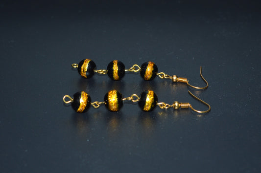 Black with a Gold Stripe Earrings (Triple Bead)