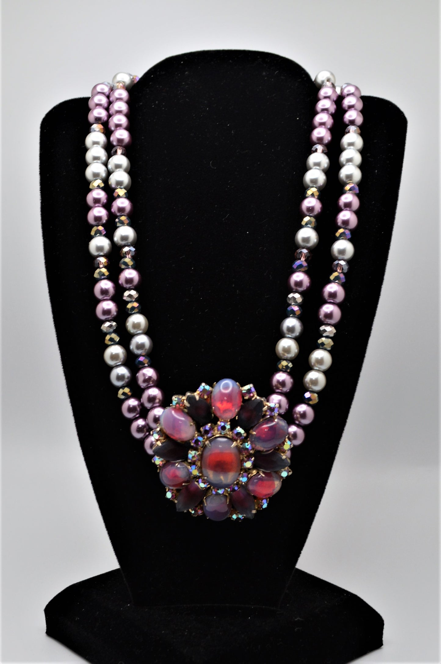 Vintage Brooch and Pearl Necklace (Purple and Silver)
