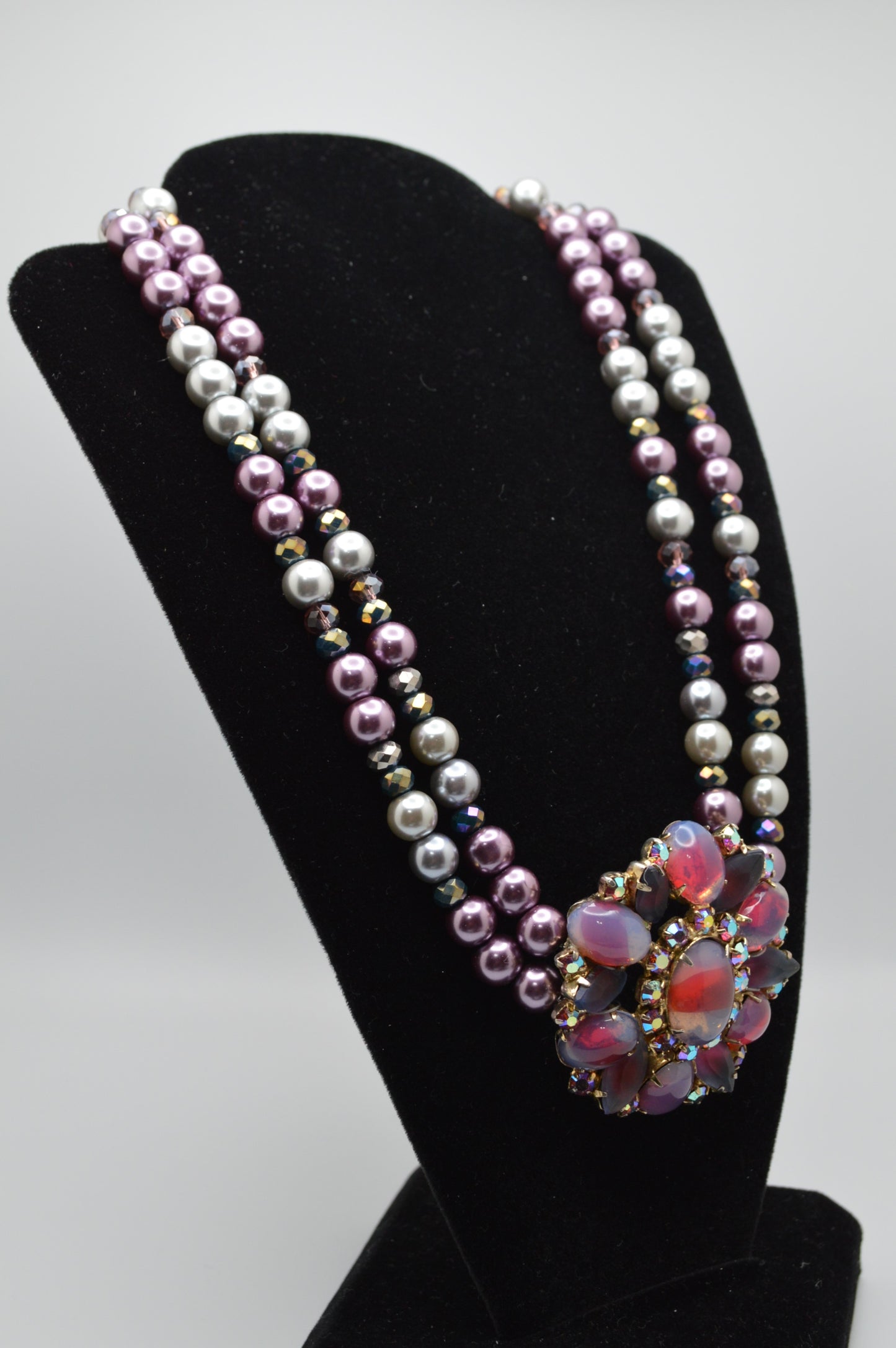 Vintage Brooch and Pearl Necklace (Purple and Silver)