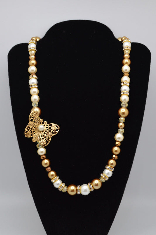 Golden Butterfly and Pearl Necklace (Gold and White)