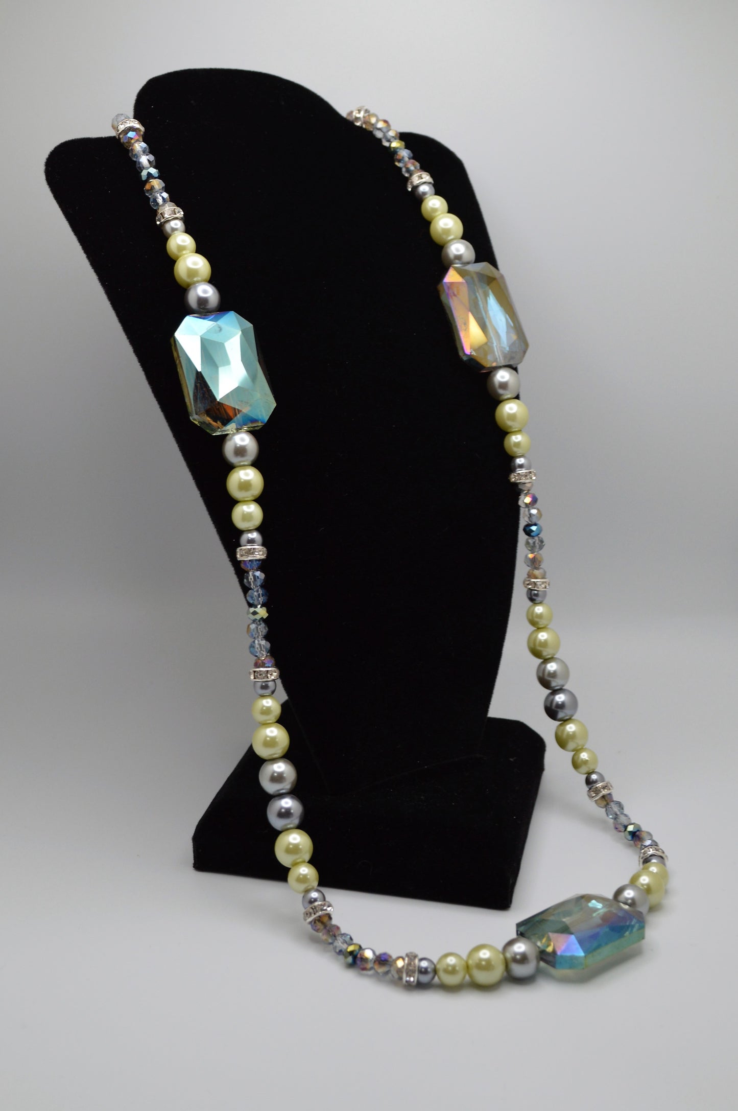 Rectangular Glass, Pearl and Crystal Necklace