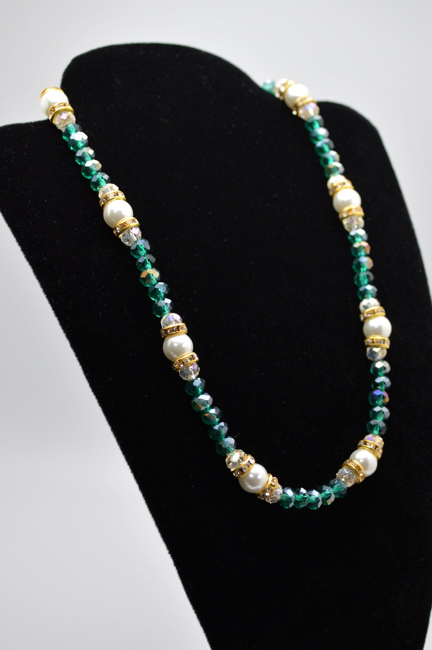 Emerald Green Crystals and Pearl Necklace