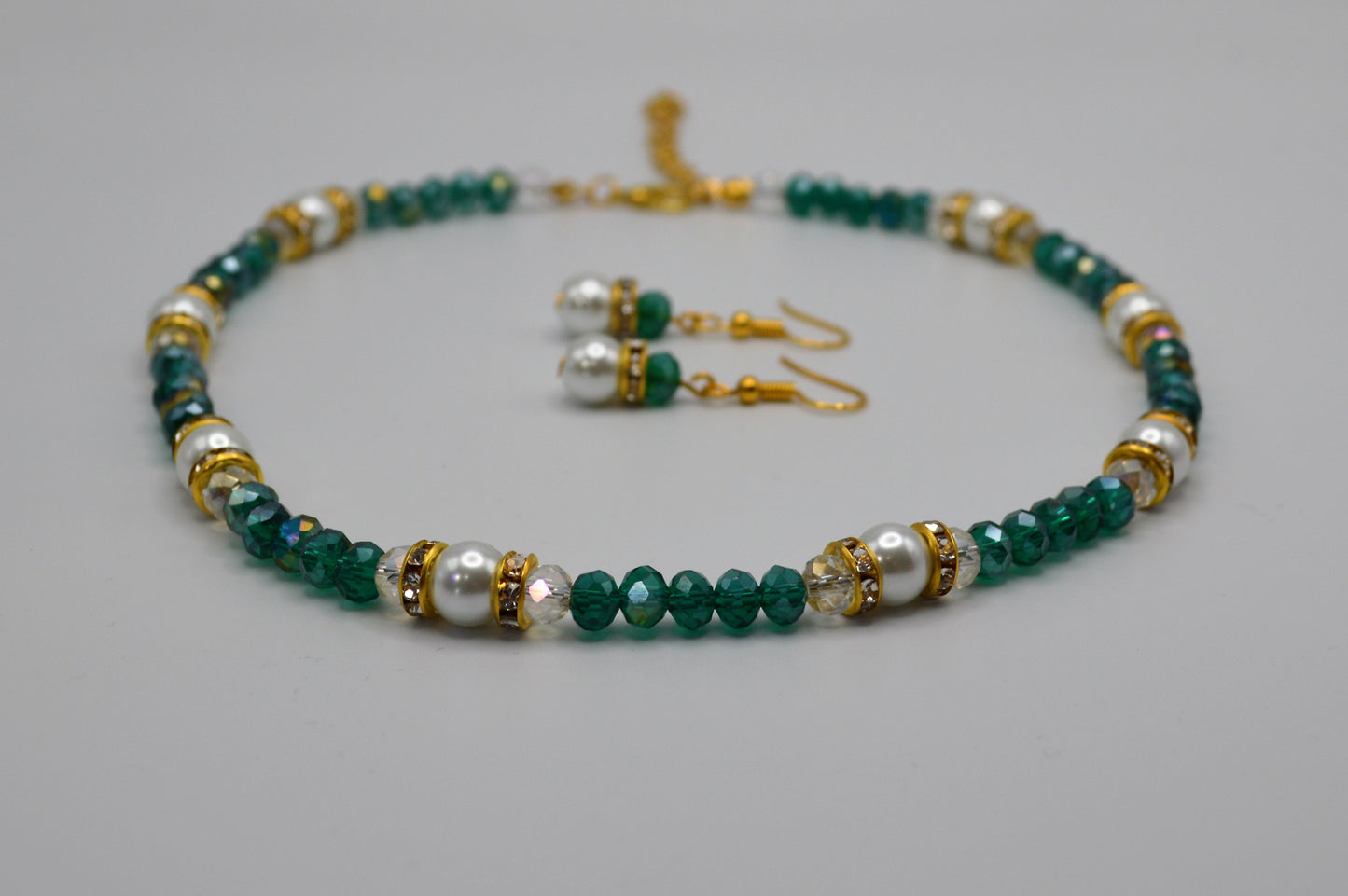 Emerald Green Crystals and Pearl Necklace