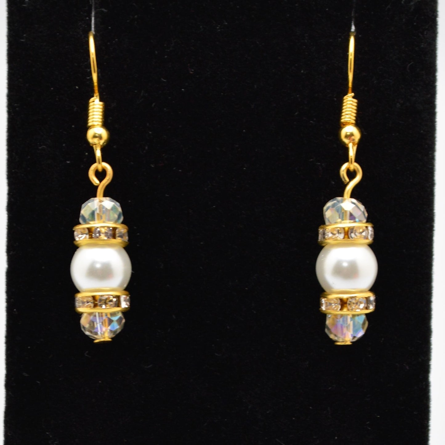 White Glass Pearl and Crystal Earrings (8mm Pearls with Gold Hooks)