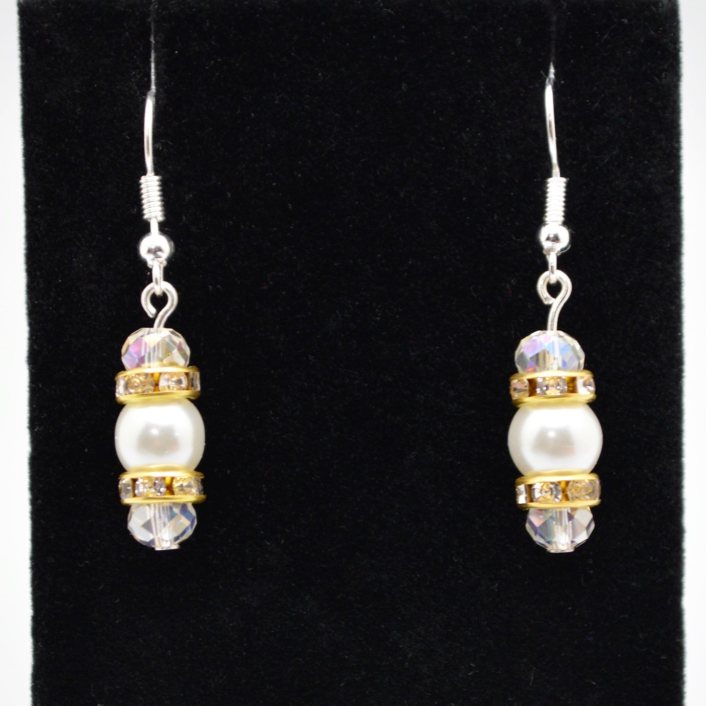 White Glass Pearl and Crystal Earrings (8mm Pearls with Silver Hooks)