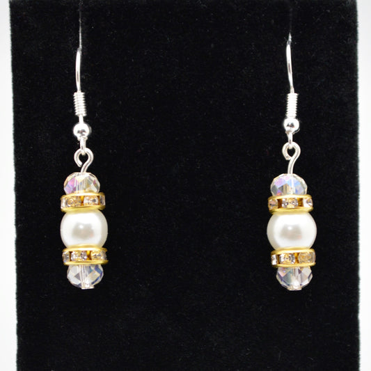 White Glass Pearl and Crystal Earrings (8mm Pearls with Silver Hooks)