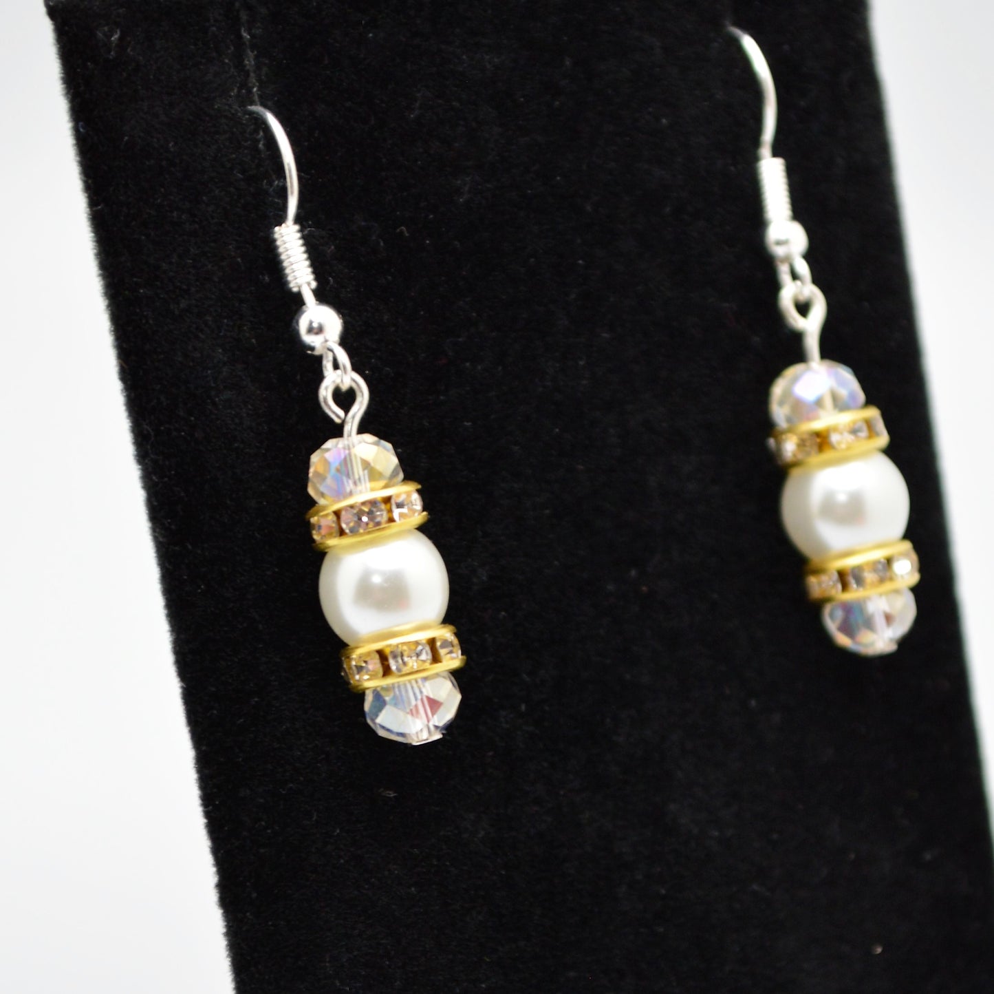 White Glass Pearl and Crystal Earrings (8mm Pearls with Silver Hooks)