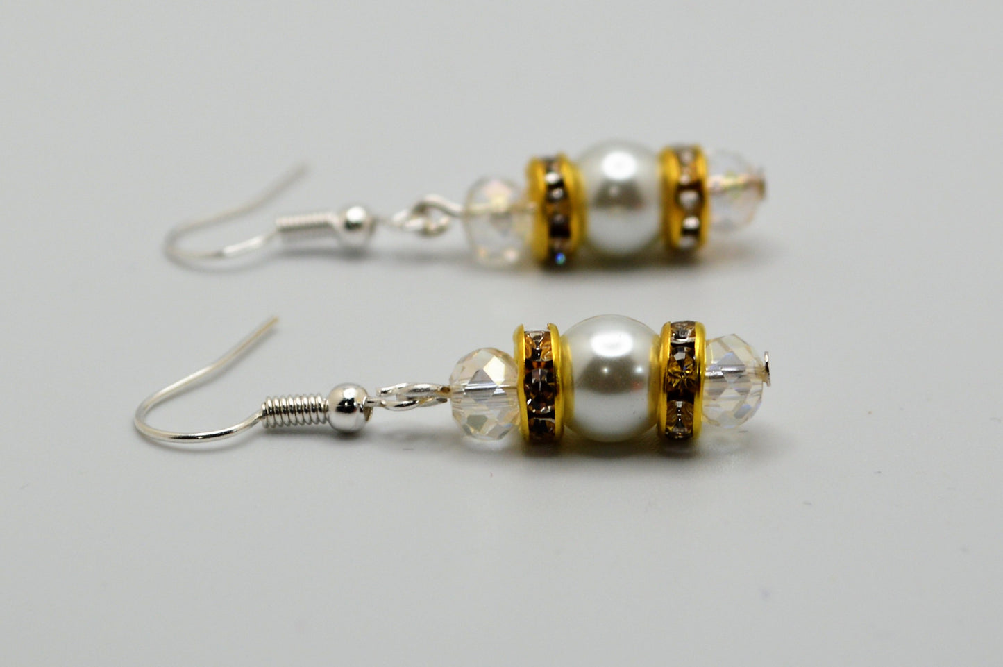 White Glass Pearl and Crystal Earrings (8mm Pearls with Silver Hooks)