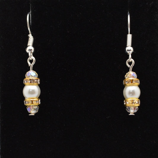 White Glass Pearl and Crystal Earrings (6mm Pearls with Silver Hooks)