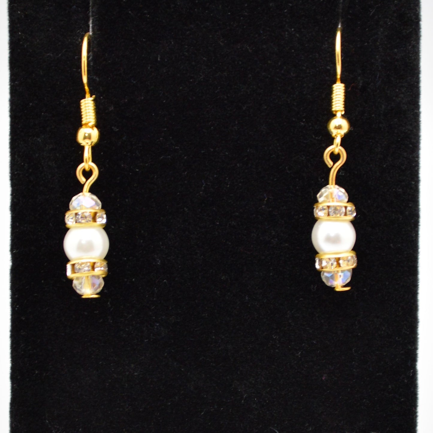 White Glass Pearl and Crystal Earrings (6mm Pearls with Gold Hooks)