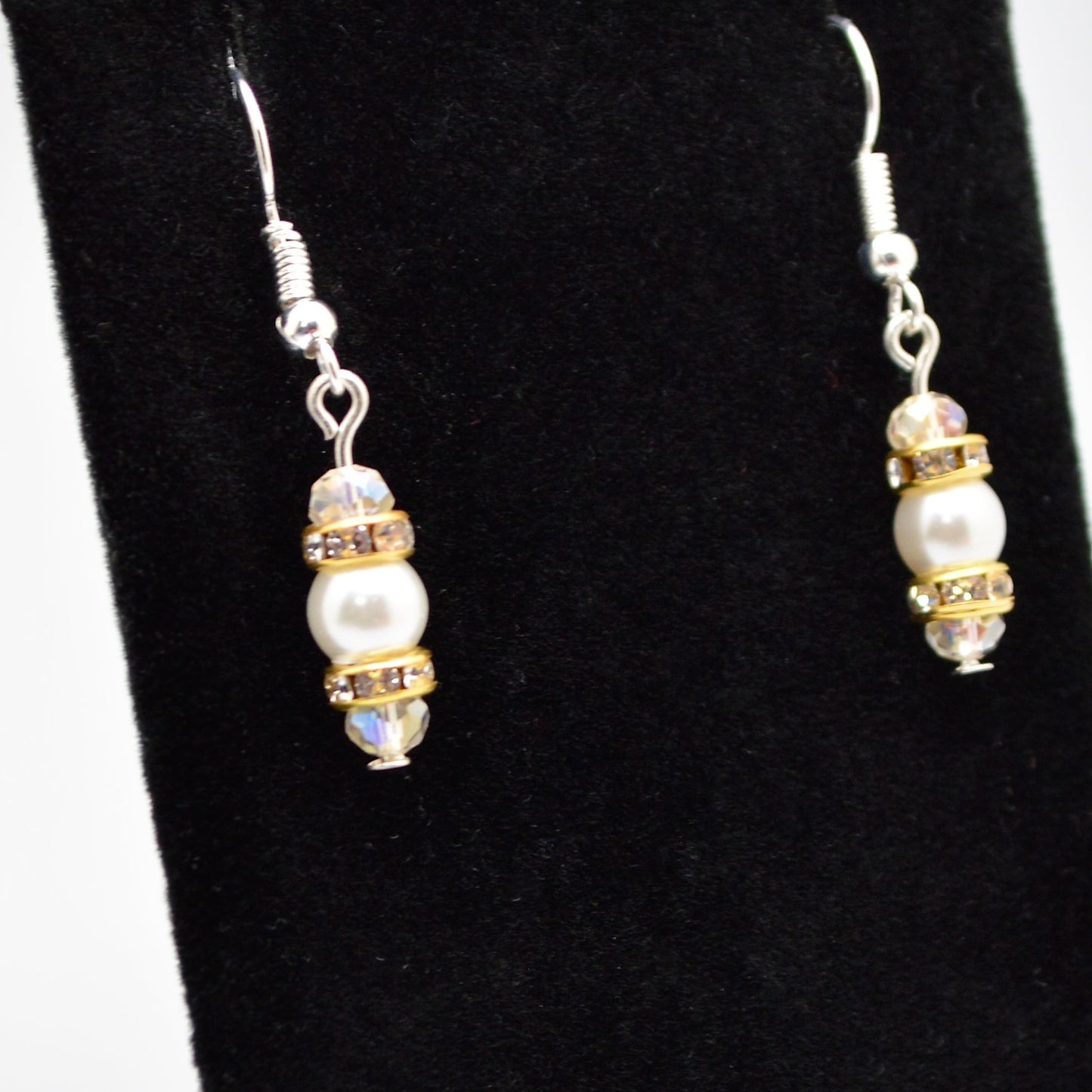White Glass Pearl and Crystal Earrings (6mm Pearls with Silver Hooks)