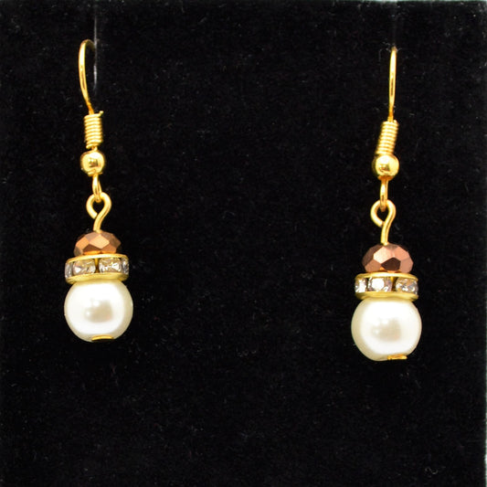 Cream Glass Pearl and Copper Crystal Earrings