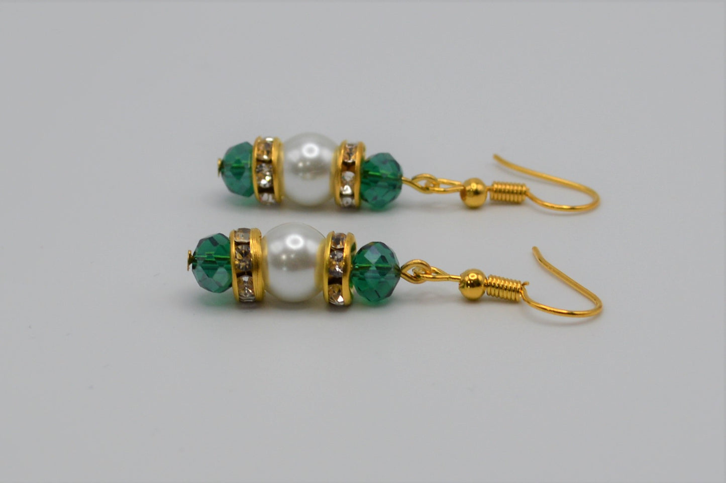 Emerald Green Crystals and Pearl Earrings (long)