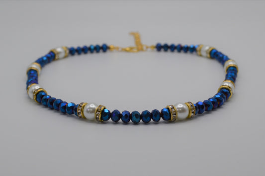 Royal Blue Crystals and White Pearl Necklace