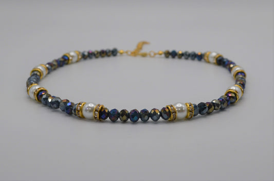 Dark Crystals with a Rainbow Finish and White Pearl Necklace