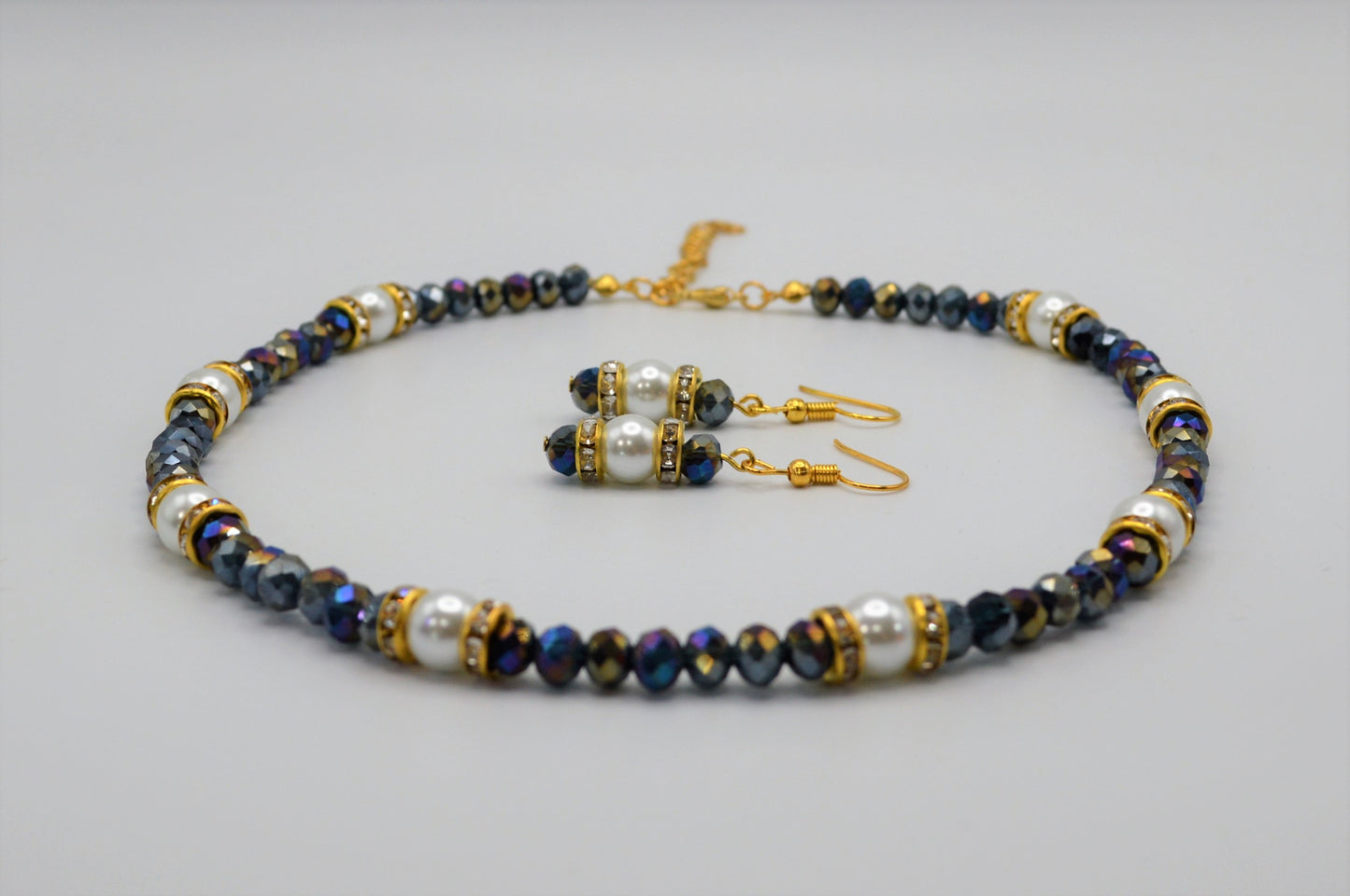 Dark Crystals with a Rainbow Finish and White Pearl Necklace