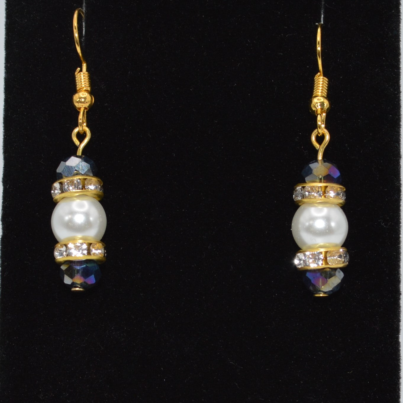 Dark Crystals with a Rainbow Finish and Pearl Earrings (Long)