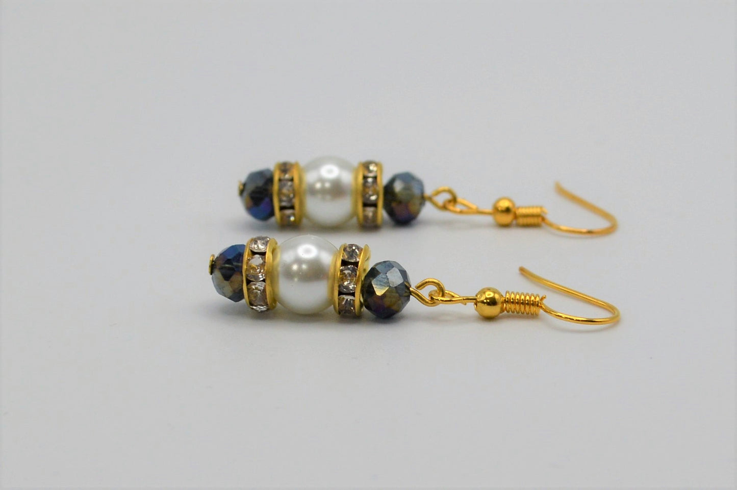 Dark Crystals with a Rainbow Finish and Pearl Earrings (Long)
