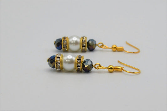 Dark Crystals with a Rainbow Finish and Pearl Earrings (Long)