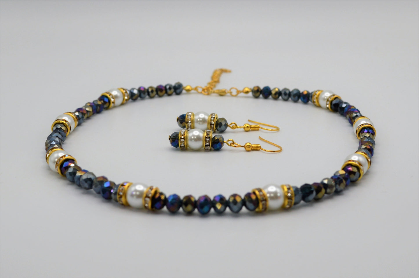 Dark Crystals with a Rainbow Finish and Pearl Earrings (Long)