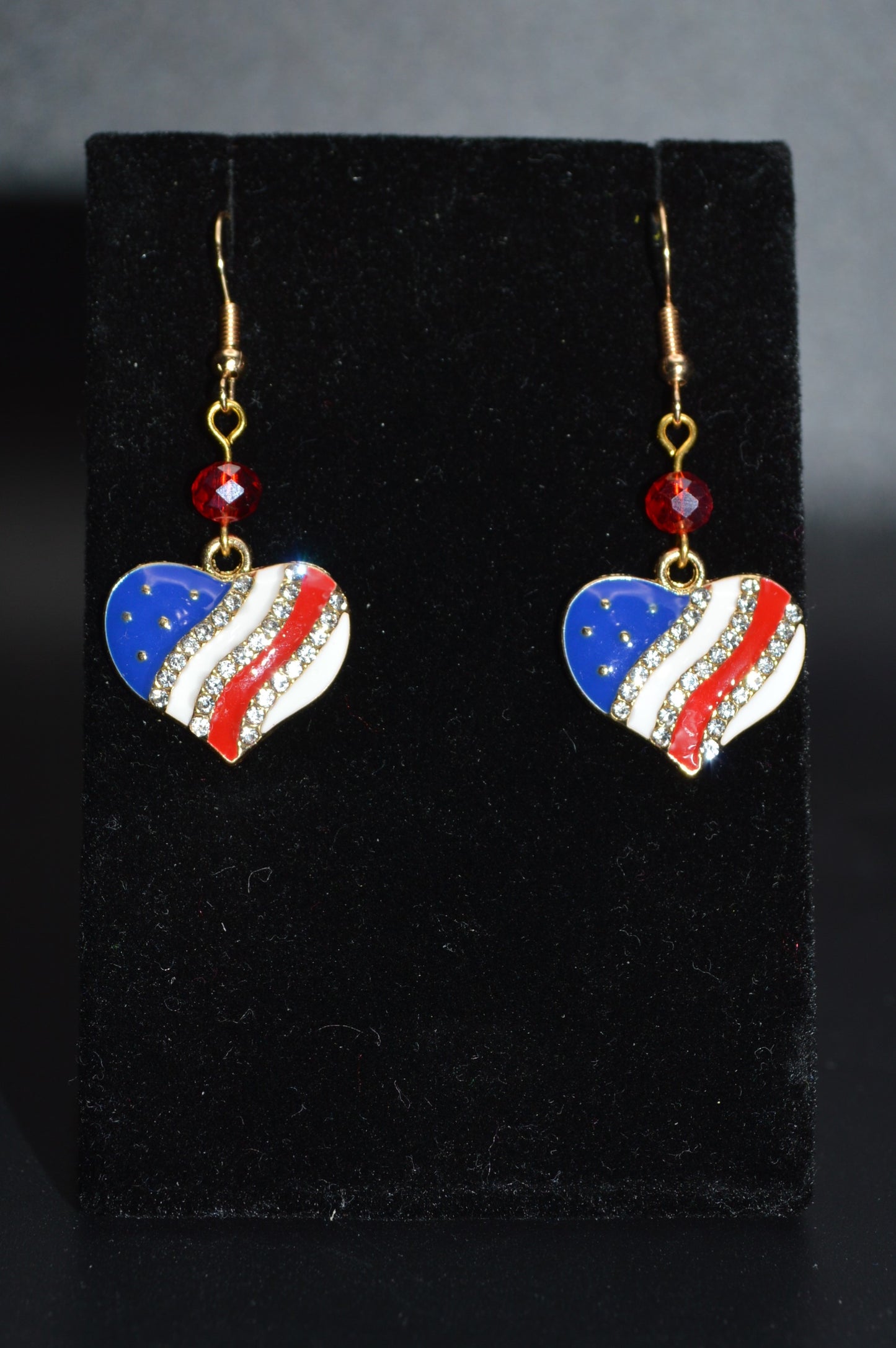 Enamel Heart Flag Earrings with a Red Crystal Bead