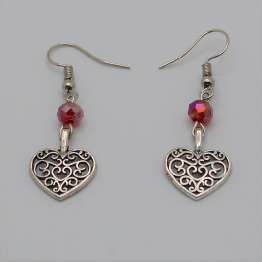Antique Silver Heart Earrings with Red Crystals