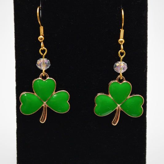 Kelly Green Shamrock Earrings with Crystal Beads
