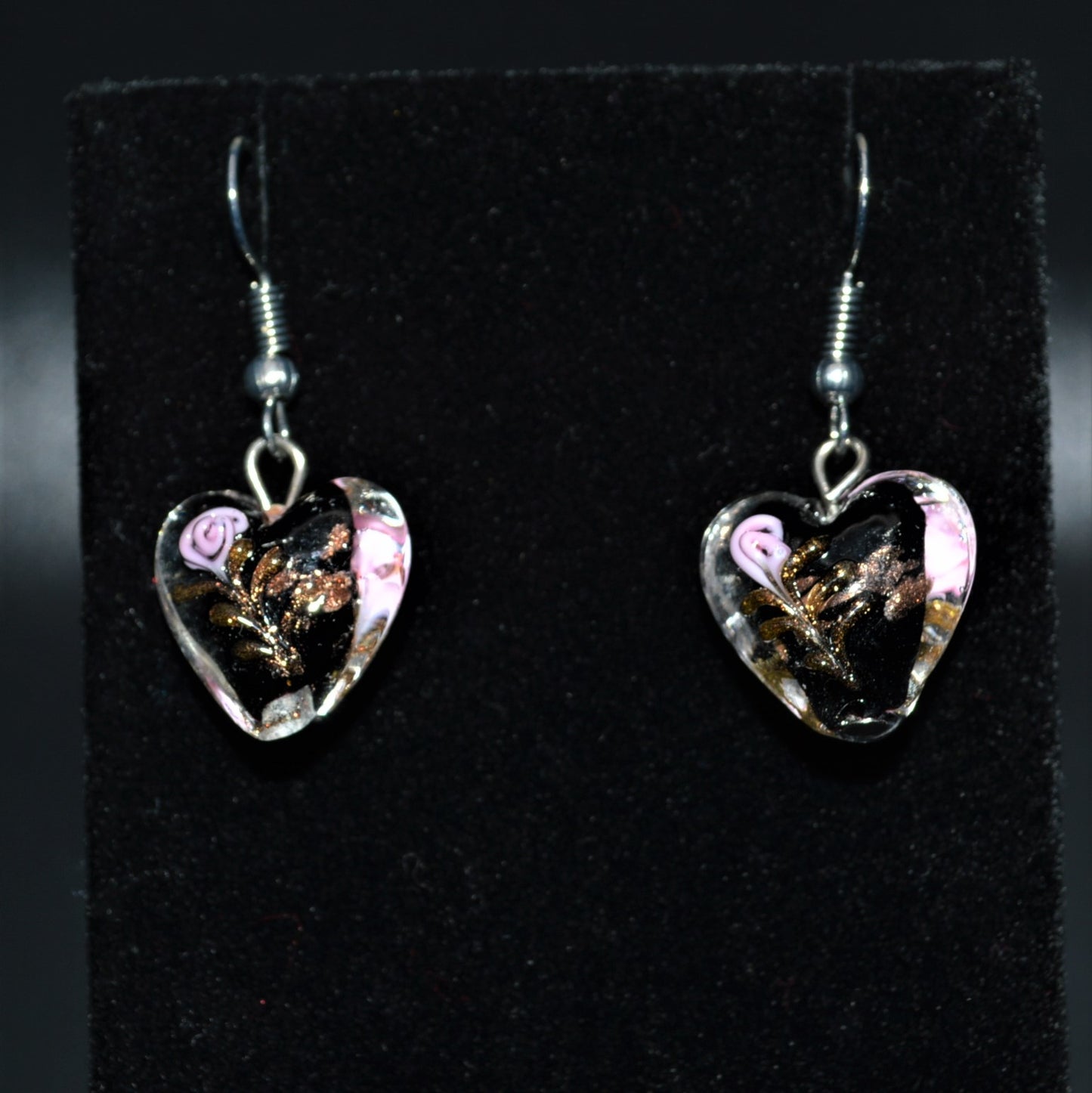 Lampworked Glass Heart Earrings (Black)