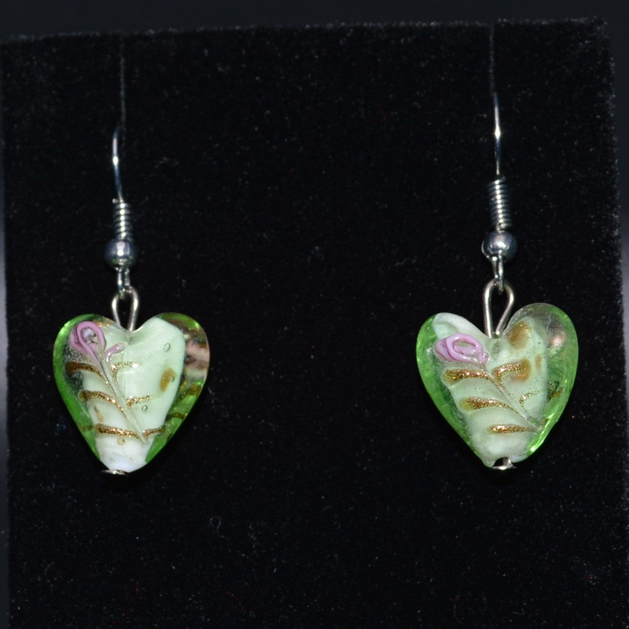 Lampworked Glass Heart Earrings (Green)